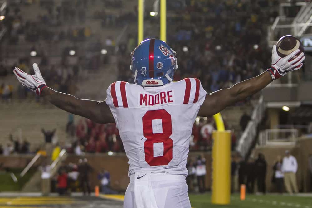 Ole Miss Rebels wide receiver Elijah Moore (8) celebrates after catching a pass for a touchdown during the game between the Ole Miss Rebels and the Missouri Tigers on Saturday October 12, 2019 at Memorial Stadium in Columbia, MO.