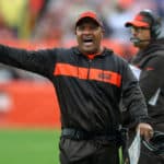 Cleveland Browns head coach Hue Jackson yells to an official during the second quarter of the National Football League game between the Pittsburgh Steelers and Cleveland Browns on September 9, 2018, at FirstEnergy Stadium in Cleveland, OH. Pittsburgh and Cleveland tied 21-21.