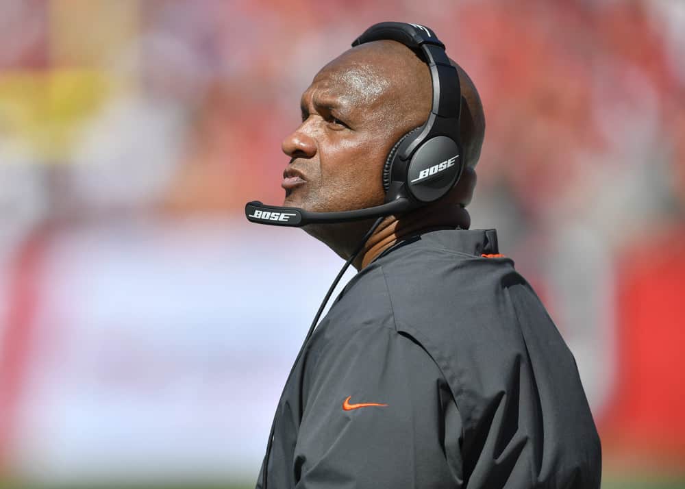 Cleveland Browns head coach Hue Jackson during the first half of an NFL game between the Cleveland Browns and the Tampa Bay Bucs on October 21, 2018, at Raymond James Stadium in Tampa, FL. 