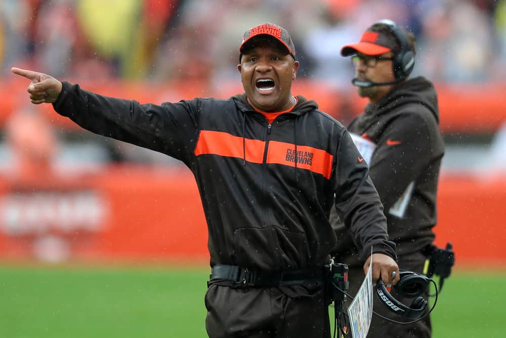 Cleveland Browns head coach Hue Jackson yells to an official during the second quarter of the National Football League game between the Pittsburgh Steelers and Cleveland Browns on September 9, 2018, at FirstEnergy Stadium in Cleveland, OH. Pittsburgh and Cleveland tied 21-21. 