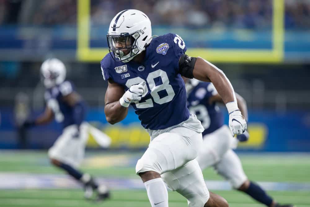 Penn State Nittany Lions defensive end Jayson Oweh (#28) runs up field during the Cotton Bowl Classic college football game between the Memphis Tigers and Penn State Nittany Lions on December 28, 2019 at AT&T Stadium in Arlington, Texas. 