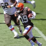 Cleveland Browns wide receiver JoJo Natson (19) carries the football during drills during the Cleveland Browns Training Camp on August 30, 2020, at FirstEnergy Stadium in Cleveland, OH.
