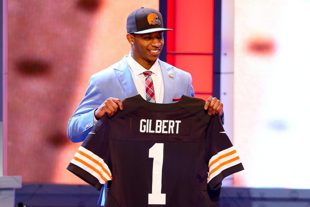 Justin Gilbert overall 7th pick holds a Cleveland Browns jersey during the first round at the 2014 NFL Draft. The 2104 NFL Draft was held at Radio City Music Hall in New York City.