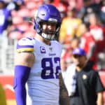 Minnesota Vikings Tight End Kyle Rudolph (82) looks on before the NFC Divisional Playoff game between the Minnesota Vikings and the San Francisco 49ers on January 11, 2020, at Levi's Stadium in Santa Clara, CA.