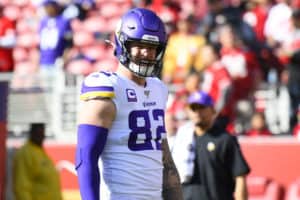 Minnesota Vikings Tight End Kyle Rudolph (82) looks on before the NFC Divisional Playoff game between the Minnesota Vikings and the San Francisco 49ers on January 11, 2020, at Levi's Stadium in Santa Clara, CA.