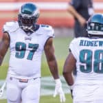 Philadelphia Eagles Defensive Tackle Malik Jackson (97) warms up before the NFL football game between the Philadelphia Eagles and the San Francisco 49ers on October 4, 2020 at Levi’s Stadium in Santa Clara, CA.