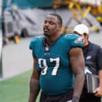 Philadelphia Eagles defensive tackle Malik Jackson (97) looks on during the game between the Cincinnati Bengals and the Philadelphia Eagles on September 27, 2020 at Lincoln Financial Field in Philadelphia, PA.
