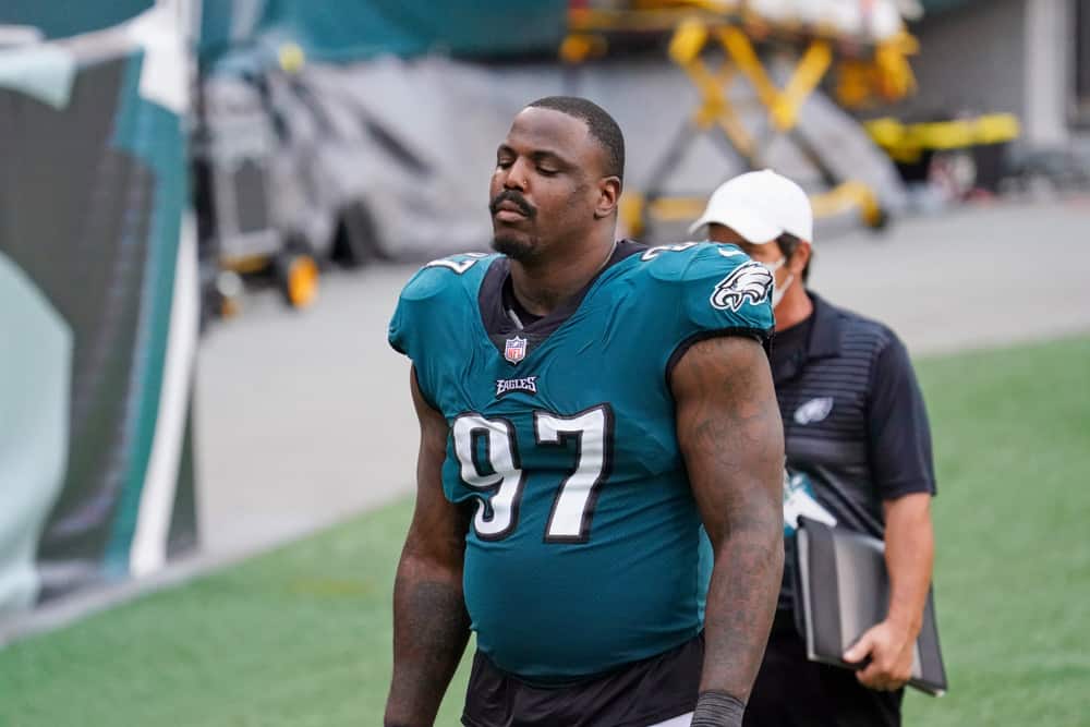 Philadelphia Eagles defensive tackle Malik Jackson (97) looks on during the game between the Cincinnati Bengals and the Philadelphia Eagles on September 27, 2020 at Lincoln Financial Field in Philadelphia, PA. 