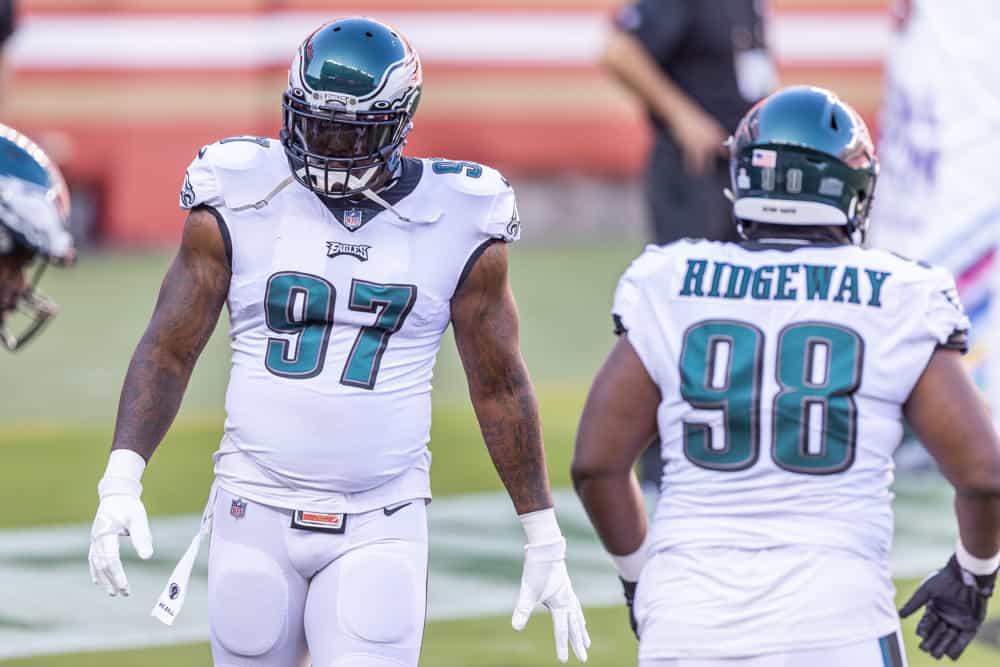 Philadelphia Eagles Defensive Tackle Malik Jackson (97) warms up before the NFL football game between the Philadelphia Eagles and the San Francisco 49ers on October 4, 2020 at Levi’s Stadium in Santa Clara, CA.