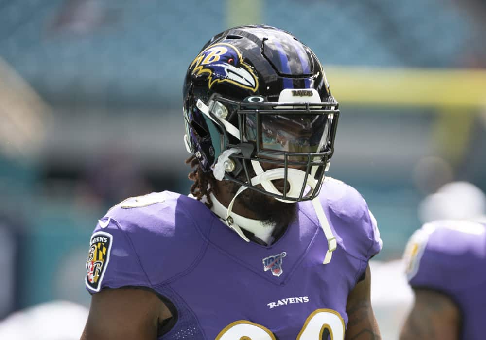 Baltimore Ravens linebacker Matt Judon (99) on the field before the start of the NFL game between the Baltimore Ravens and the Miami Dolphins at the Hard Rock Stadium in Miami Gardens, Florida on September 8, 2019.