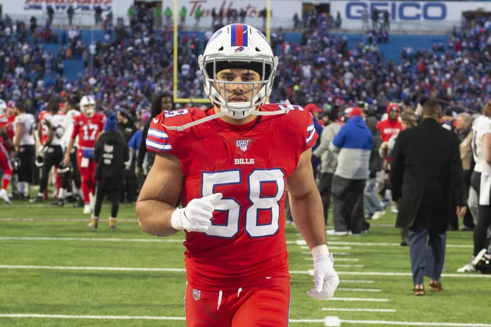 Buffalo Bills Linebacker Matt Milano (58) walks off the field after the National Football League game between the Baltimore Ravens and the Buffalo Bills on December 8, 2019, at New Era Field in Orchard Park, NY.