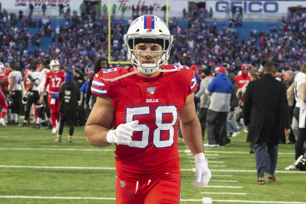 Buffalo Bills Linebacker Matt Milano (58) walks off the field after the National Football League game between the Baltimore Ravens and the Buffalo Bills on December 8, 2019, at New Era Field in Orchard Park, NY. 