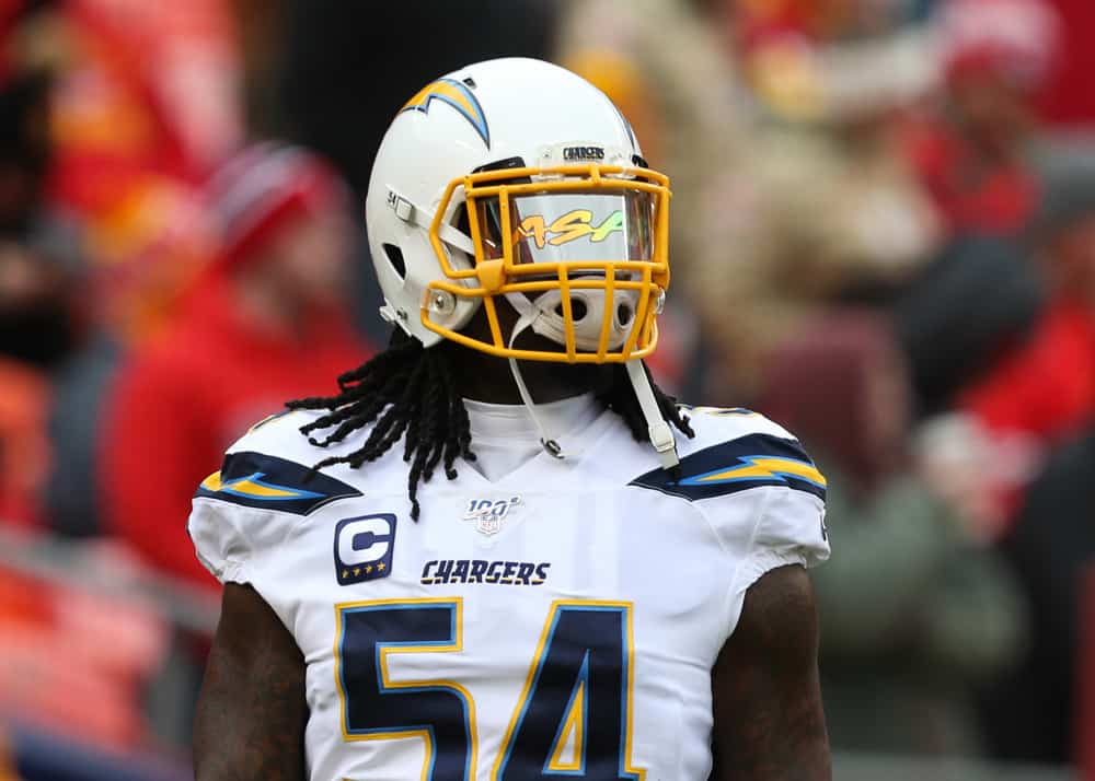 Los Angeles Chargers defensive end Melvin Ingram (54) before an AFC West game between the Los Angeles Chargers and Kansas City Chiefs on December 29, 2019 at Arrowhead Stadium in Kansas City, MO.