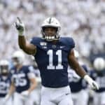 Penn State LB Micah Parsons (11) points to the crowd during the Pittsburgh Panthers (Pitt) vs. Penn State Nittany Lions September 14, 2019 at Beaver Stadium in University Park, PA.