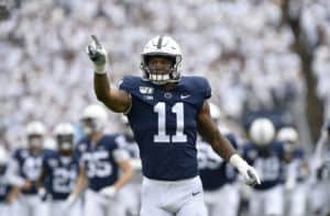 Penn State LB Micah Parsons (11) points to the crowd during the Pittsburgh Panthers (Pitt) vs. Penn State Nittany Lions September 14, 2019 at Beaver Stadium in University Park, PA.