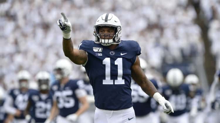 Penn State LB Micah Parsons (11) points to the crowd during the Pittsburgh Panthers (Pitt) vs. Penn State Nittany Lions September 14, 2019 at Beaver Stadium in University Park, PA.