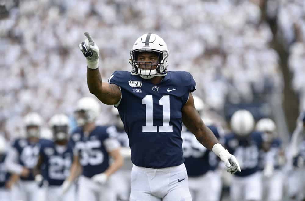 Penn State LB Micah Parsons (11) points to the crowd during the Pittsburgh Panthers (Pitt) vs. Penn State Nittany Lions September 14, 2019 at Beaver Stadium in University Park, PA. 