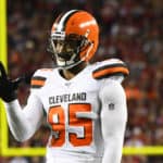 Cleveland Browns Defensive End Myles Garrett (95) looks on during the National Football League game between the Cleveland Browns and the San Francisco 49ers on October 7, 2019, at Levi's Stadium in Santa Clara, CA.