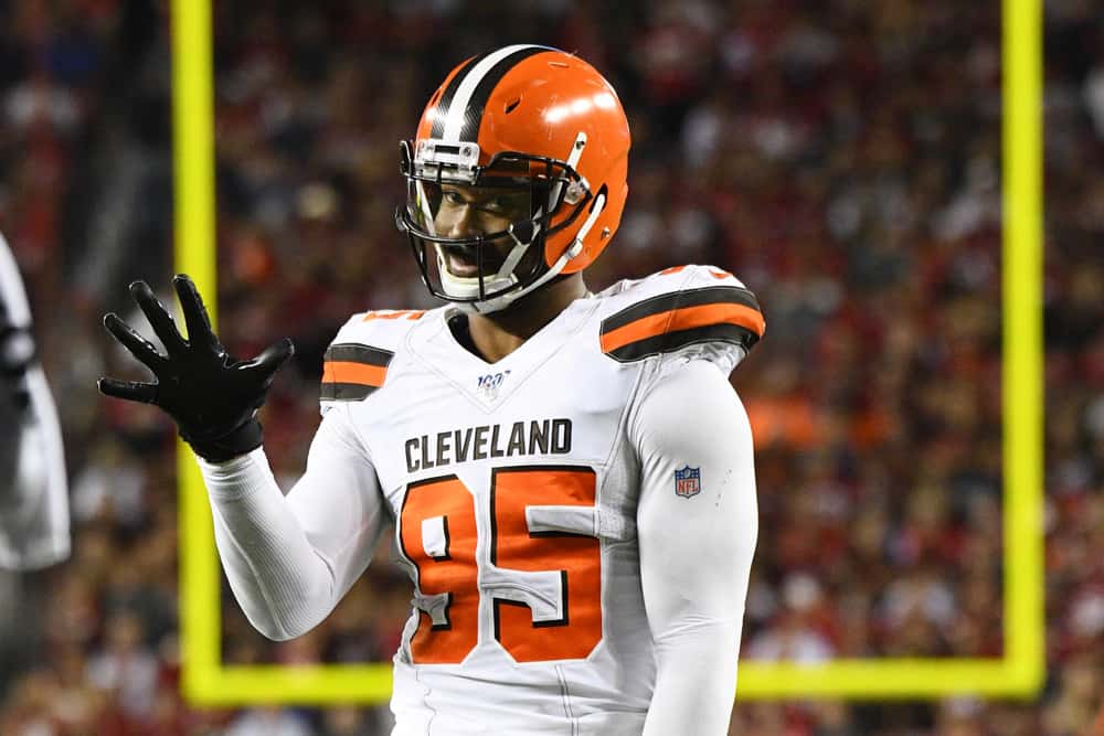 Cleveland Browns Defensive End Myles Garrett (95) looks on during the National Football League game between the Cleveland Browns and the San Francisco 49ers on October 7, 2019, at Levi's Stadium in Santa Clara, CA. 