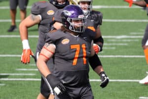 National offensive lineman Quinn Meinerz of Wisconsin -Whitewater (71) during warmups for the 2021 Reese's Senior Bowl on January 30, 2021 at Hancock Whitney Stadium in Mobile, Alabama.