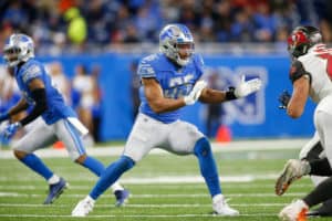 Detroit Lions defensive end Romeo Okwara (95) rushes during a regular season game between the Tampa Bay Buccaneers and the Detroit Lions on December 15, 2019 at Ford Field in Detroit, Michigan.