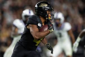 Purdue Boilermakers wide receiver Rondale Moore (4) returns a kickoff during the college football game between the Purdue Boilermakers and TCU Horned Frogs on September 14, 2019, at Ross-Ade Stadium in West Lafayette, IN.