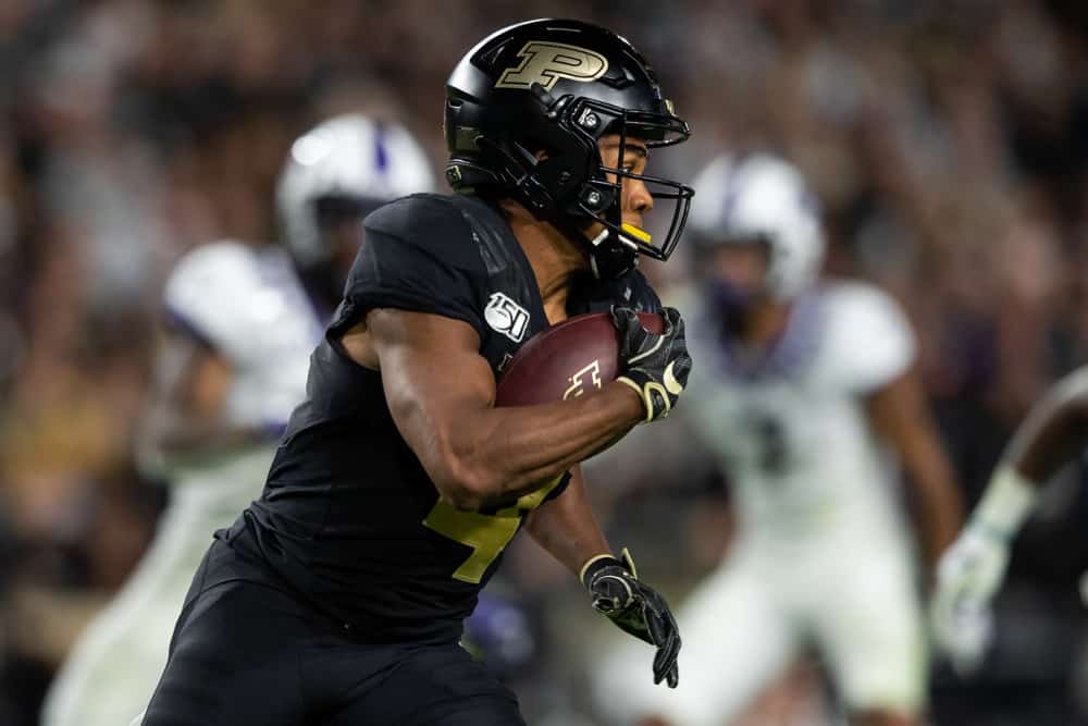 Purdue Boilermakers wide receiver Rondale Moore (4) returns a kickoff during the college football game between the Purdue Boilermakers and TCU Horned Frogs on September 14, 2019, at Ross-Ade Stadium in West Lafayette, IN. 