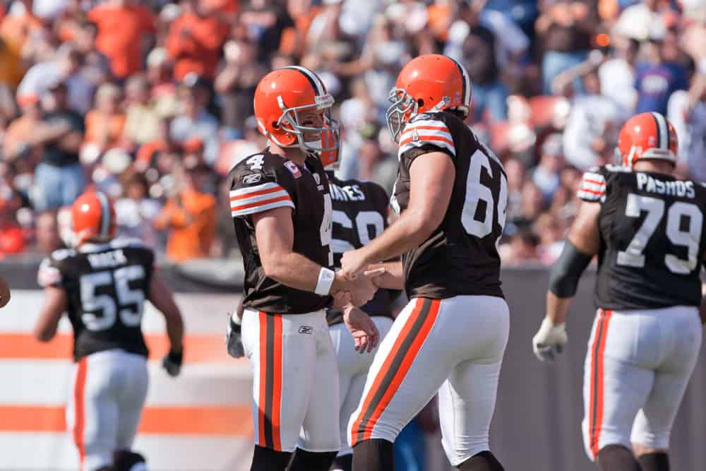 Cleveland Browns kicker Phil Dawson is congratulated by long snapper Ryan Pontbriand (64) after making a 19-yard field goal to tie Hall of Famer Lou Groza's franchise record of 234 career field goals during the game against the Atlanta Falcons. The Atlanta Falcons defeated the Cleveland Browns 20-10 in the game played at Cleveland Browns Stadium in Cleveland Ohio