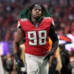 Atlanta Falcons defensive end Takkarist McKinley (98) looks on during an NFL football game between the Minnesota Vikings and Atlanta Falcons on December 3, 2017 at Mercedes-Benz Stadium in Atlanta, GA.