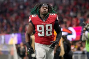 Atlanta Falcons defensive end Takkarist McKinley (98) looks on during an NFL football game between the Minnesota Vikings and Atlanta Falcons on December 3, 2017 at Mercedes-Benz Stadium in Atlanta, GA.