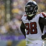 Atlanta Falcons defensive end Takkarist McKinley (98) looks on during the NFL football game between the Atlanta Falcons and the Pittsburgh Steelers on October 7, 2018 at Heinz Field in Pittsburgh, PA.