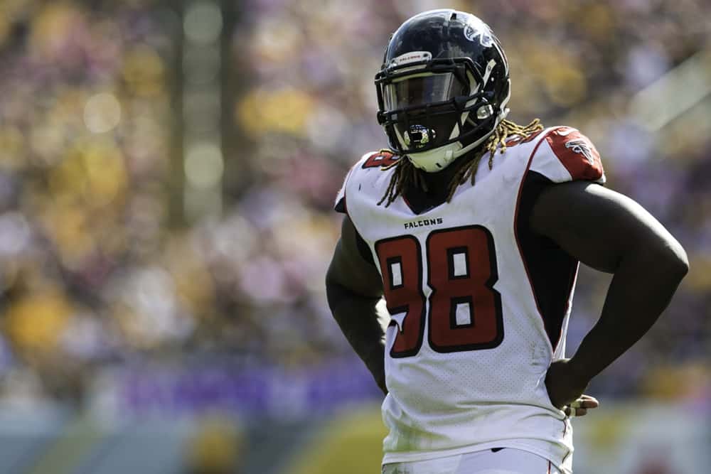 Atlanta Falcons defensive end Takkarist McKinley (98) looks on during the NFL football game between the Atlanta Falcons and the Pittsburgh Steelers on October 7, 2018 at Heinz Field in Pittsburgh, PA.