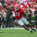 Georgia Bulldogs linebacker Azeez Ojulari (13) during the game between the Arkansas State Red Wolves and the Georgia Bulldogs on September 14, 2019, at Sanford Stadium in Athens, GA.