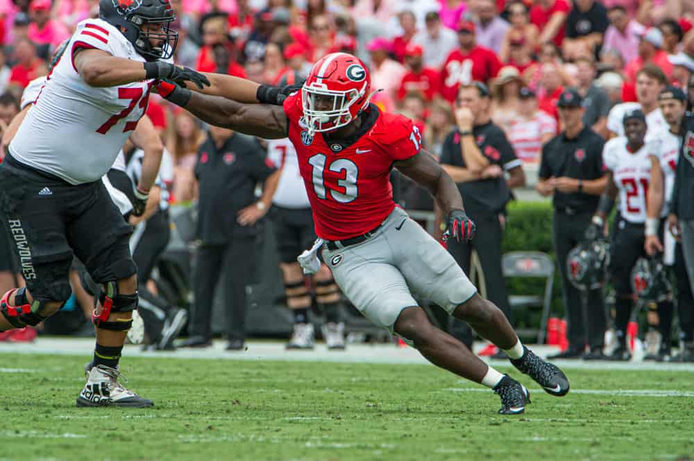 Georgia Bulldogs linebacker Azeez Ojulari (13) during the game between the Arkansas State Red Wolves and the Georgia Bulldogs on September 14, 2019, at Sanford Stadium in Athens, GA.