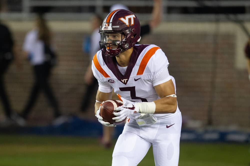 Virginia Tech Hokies defensive back Caleb Farley (3) catches the kickoff during the game between the Florida State Seminoles and the Virginia Tech Hokies September 03, 2018, at Doak Campbell Stadium in Tallahassee, Florida.