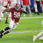 Alabama Crimson Tide defensive lineman Christian Barmore (58) during the CFP National Championship game between the Alabama Crimson Tide and the Ohio State Buckeyes on January 11, 2021 at Hard Rock Stadium in Miami Gardens, Fl.