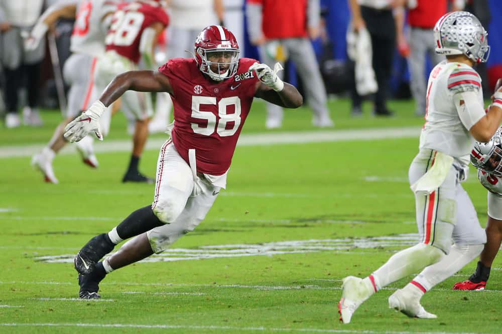 Alabama Crimson Tide defensive lineman Christian Barmore (58) during the CFP National Championship game between the Alabama Crimson Tide and the Ohio State Buckeyes on January 11, 2021 at Hard Rock Stadium in Miami Gardens, Fl.