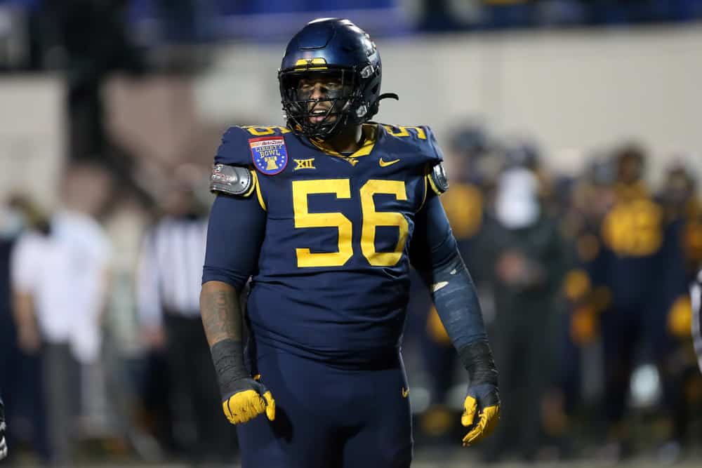 West Virginia Mountaineers defensive lineman Darius Stills (56) during the AutoZone Liberty Bowl between the Army Black Knights and the West Virginia Mountaineers on December 31, 2020 at the Liberty Bowl Memorial Stadium in Memphis, Tennessee.