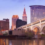 Detroit Superior Bridge over Cuyahoga River and downtown skyline, Cleveland, Ohio