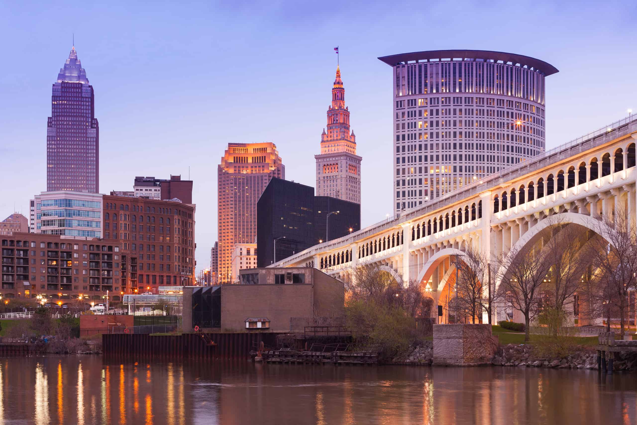 Detroit Superior Bridge over Cuyahoga River and downtown skyline, Cleveland, Ohio