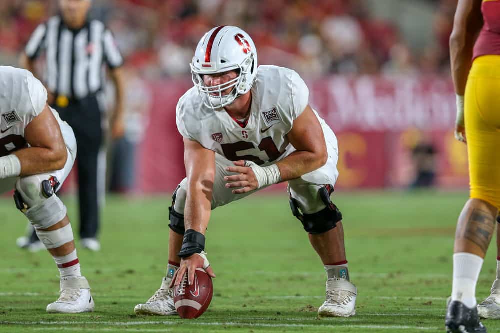 Stanford Cardinal center Drew Dalman (51) looking at the defense during a college football game between the Stanford Cardinal and the USC Trojans on September 07, 2019, at the Los Angeles Memorial Coliseum in Los Angeles, CA