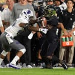 Northwestern Wildcats defensive back GregÊNewsome II (29) tackles Purdue Boilermakers wide receiver Isaac Zico (7) after a short gain during the college football game between the Purdue Boilermakers and Northwestern Wildcats on August 30, 2018, at Ross-Ade Stadium in West Lafayette, IN.