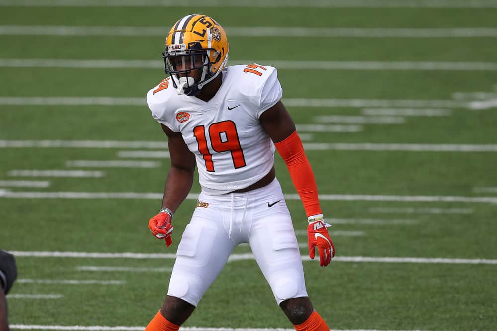 American linebacker Jabril Cox of LSU (19) during the 2021 Reese's Senior Bowl on January 30, 2021 at Hancock Whitney Stadium in Mobile, Alabama.