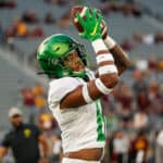 Oregon Ducks safety Jevon Holland (8) warms up before the college football game between the Oregon Ducks and the Arizona State Sun Devils on November 23, 2019 at Sun Devil Stadium in Tempe, Arizona.