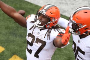 Cleveland Browns running back Kareem Hunt (27) reacts after scoring a touchdown during the game against the Cleveland Browns and the Cincinnati Bengals on October 25, 2020, at Paul Brown Stadium in Cincinnati, OH.