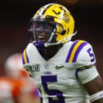 LSU Tigers cornerback Kary Vincent Jr. (5) reacts during the second half of the College Football Playoff National Championship Game between the LSU Tigers and the Clemson Tigers on January 13, 2020 in New Orleans LA.