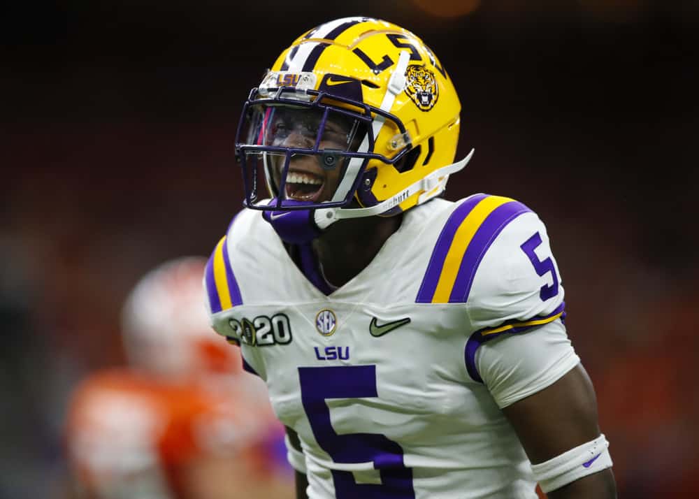 LSU Tigers cornerback Kary Vincent Jr. (5) reacts during the second half of the College Football Playoff National Championship Game between the LSU Tigers and the Clemson Tigers on January 13, 2020 in New Orleans LA. 