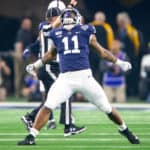 Penn State Nittany Lions linebacker Micah Parsons (11) celebrates after a sack during the Cotton Bowl Classic college football game against the Memphis Tigers on December 28, 2019 at AT&T Stadium in Arlington, Texas.