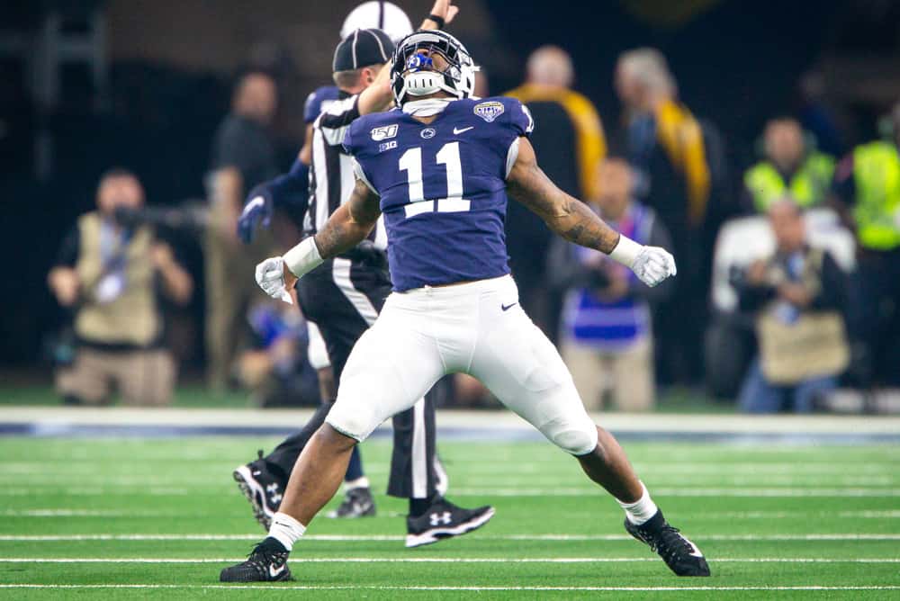 Penn State Nittany Lions linebacker Micah Parsons (11) celebrates after a sack during the Cotton Bowl Classic college football game against the Memphis Tigers on December 28, 2019 at AT&T Stadium in Arlington, Texas.