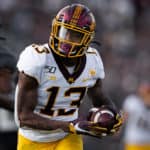 Minnesota Golden Gophers wide receiver Rashod Bateman (13) catches a touchdown pass during the college football game between the Purdue Boilermakers and Minnesota Golden Gophers on September 28, 2019, at Ross-Ade Stadium in West Lafayette, IN.